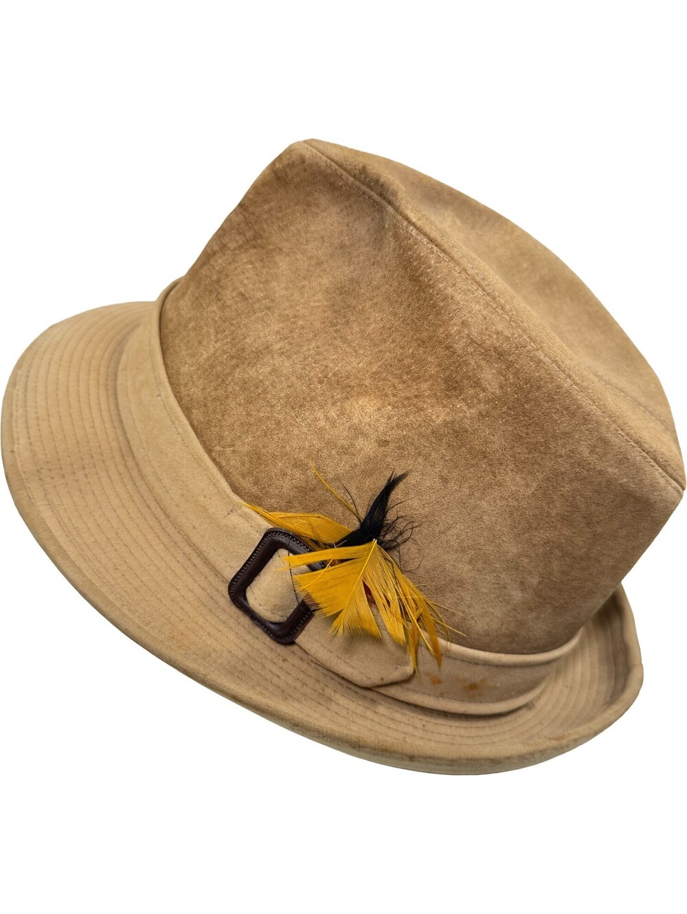 Vintage KNOX Fedora TAN Suede Hat sz 7 3/8 Mens Leather Banded Feather Cap